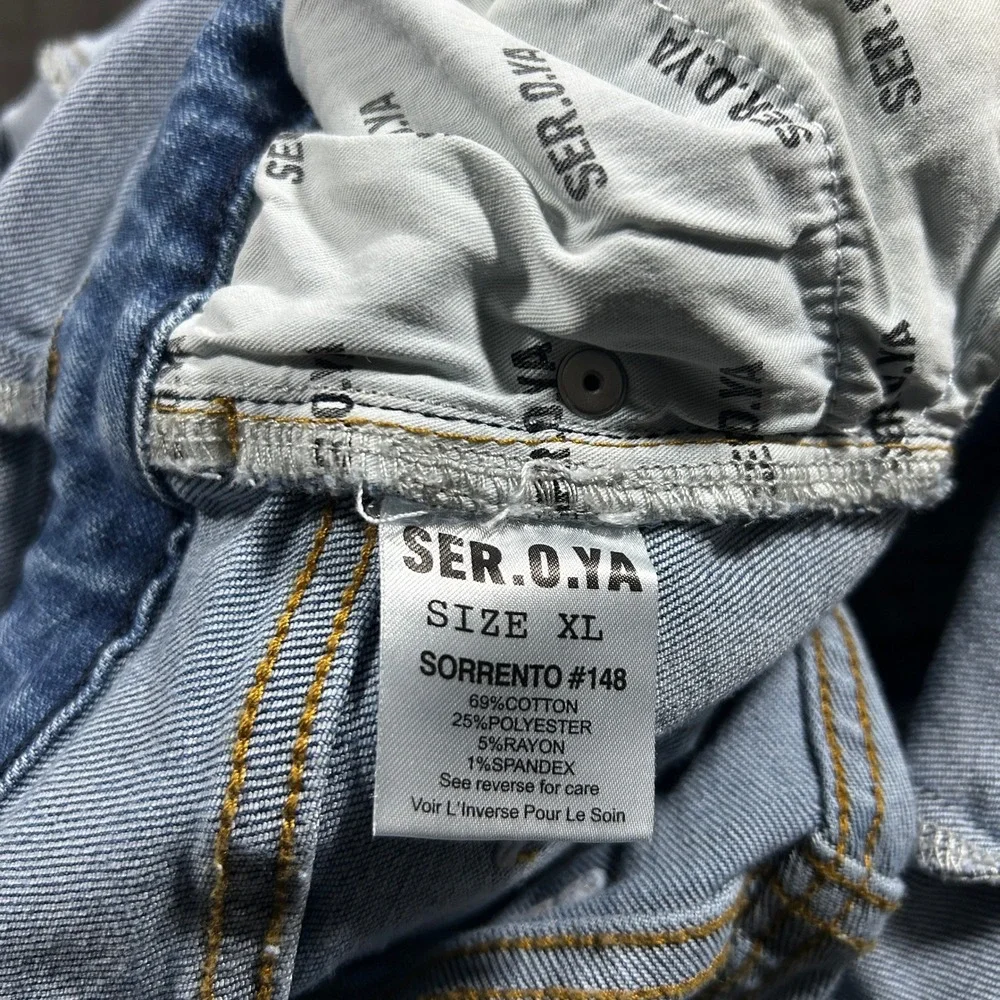 SER.O.YA Sorrento 148 Denim Jumpsuit Women XL Blue Excellent Flare Raw Hem Short